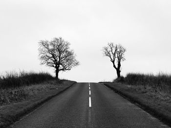 Road amidst bare trees on field against clear sky