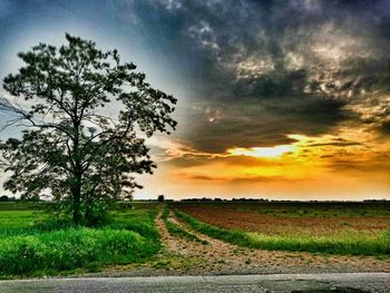 Scenic view of field against cloudy sky