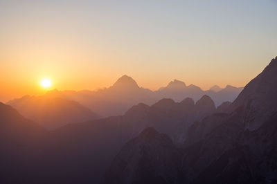 Scenic view of silhouette mountains against sky during sunset