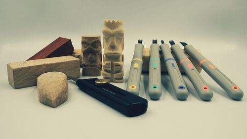 High angle view of objects on table