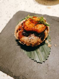 High angle view of bread in plate on table