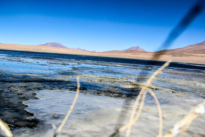 Scenic view of snowcapped mountains against clear blue sky