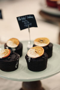 Close-up of cake served on table