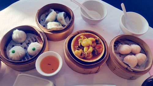 High angle view of breakfast on table