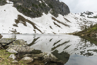 Scenic view of lake by snowcapped mountain against sky