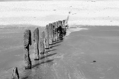 High angle view of wooden posts on beach