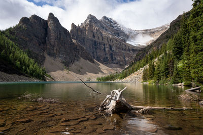 Scenic view of lake and mountains against sky