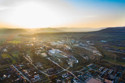 High angle view of townscape against sky during sunset