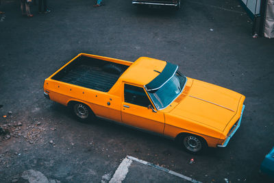 High angle view of toy car on city street
