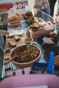 High angle view of food served on table