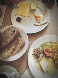 High angle view of breakfast served on table