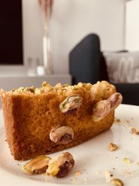 Close-up of cake in plate on table
