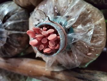 High angle view of rose bouquet on table