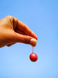 Person holding apple against clear blue sky