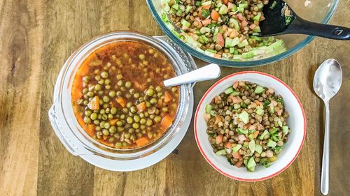 High angle view of salad in bowl on table