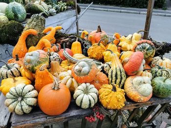 High angle view of pumpkins for sale at market stall