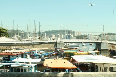 Boats moored at harbor against clear sky