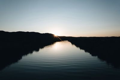 Scenic view of lake against clear sky during sunset