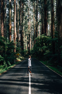 Rear view of man walking on road in forest