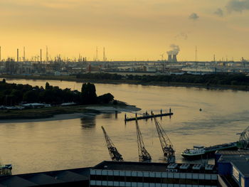 Harbor against sky during sunset