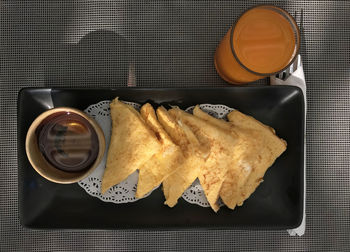 High angle view of breakfast on table