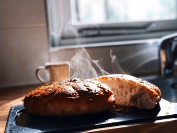 Close-up of bread in plate on table