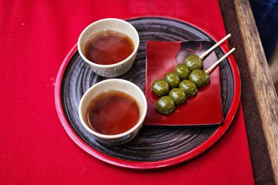 High angle view of breakfast in plate on table