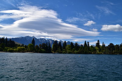 Scenic view of sea by trees against sky