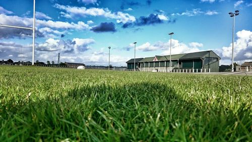 Scenic view of grassy field against cloudy sky