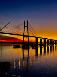 Silhouette bridge over river against romantic sky at sunset