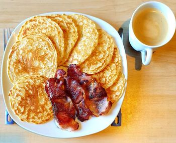 High angle view of breakfast served on table