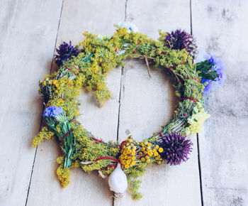 High angle view of wreath on table