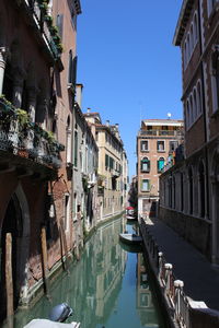 Canal amidst buildings in city against clear sky