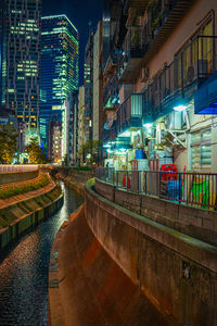 High angle view of city street at night