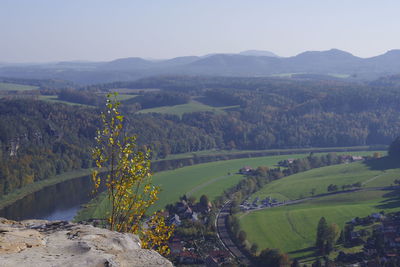 Scenic view of landscape and river against sky