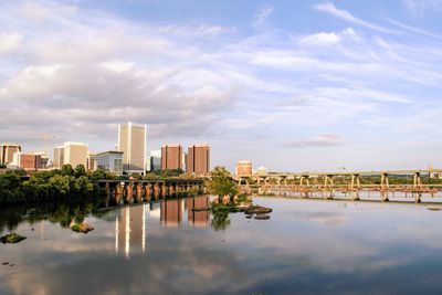 Reflection of cityscape and trees in water