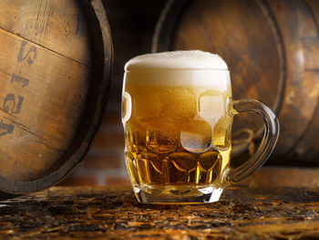 Close-up of beer glass on table