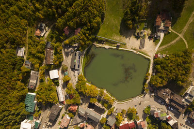 High angle view of street amidst buildings in town