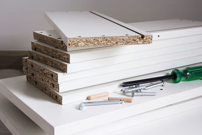 High angle view of books on table at home