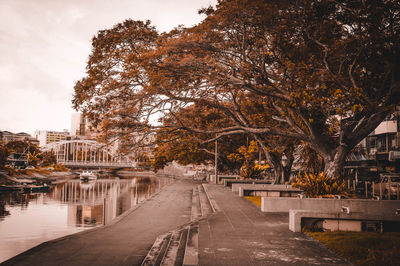 Road by canal in city against sky