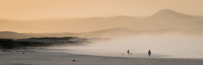 People at beach during foggy weather