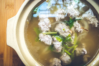 Directly above shot of soup in bowl on table