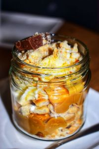 Close-up of dessert in glass on table