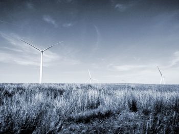 Wind turbines on field against sky