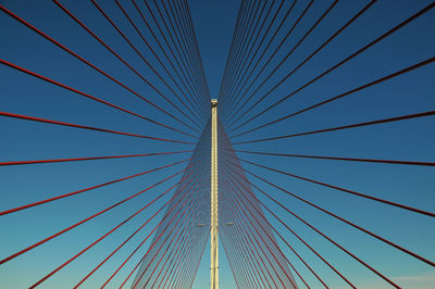 Low angle view of suspension bridge against clear blue sky