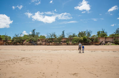 Rear view of father and son walking on sand against sky