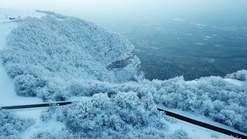 High angle view of snow on landscape