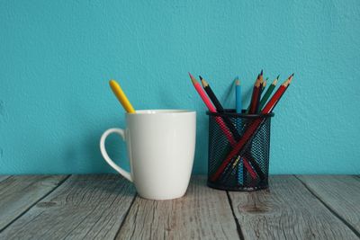 High angle view of colored pencils on table