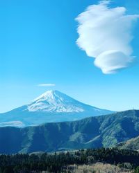 Scenic view of snowcapped  fuji against blue sky