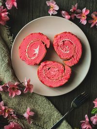 High angle of roll cake strawberry on the table 